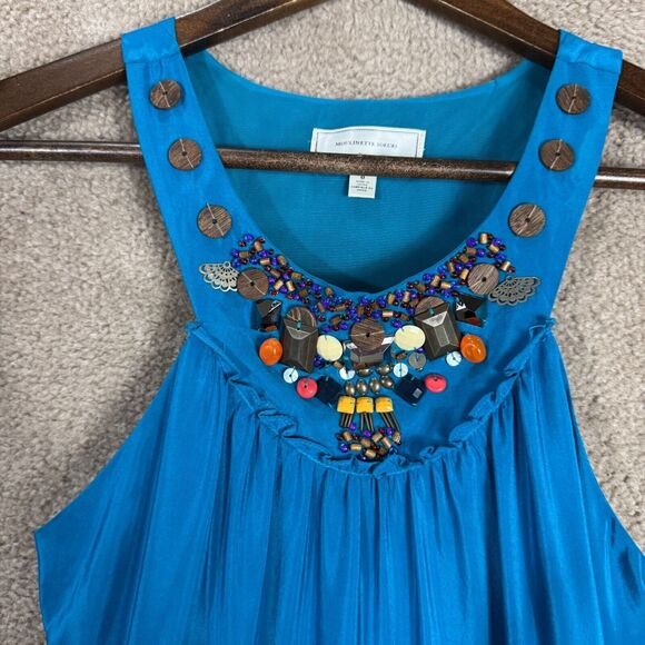 Anthropologie Moulinette Soeurs Dress 0 XS Blue Beaded Silk Floral‎ Maxi Artsy - Picture 4 of 11